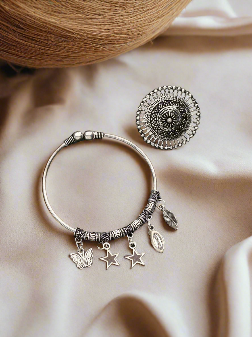 Set Of 2 Oxidised German Silver-Plated Charm Bracelet & Ring