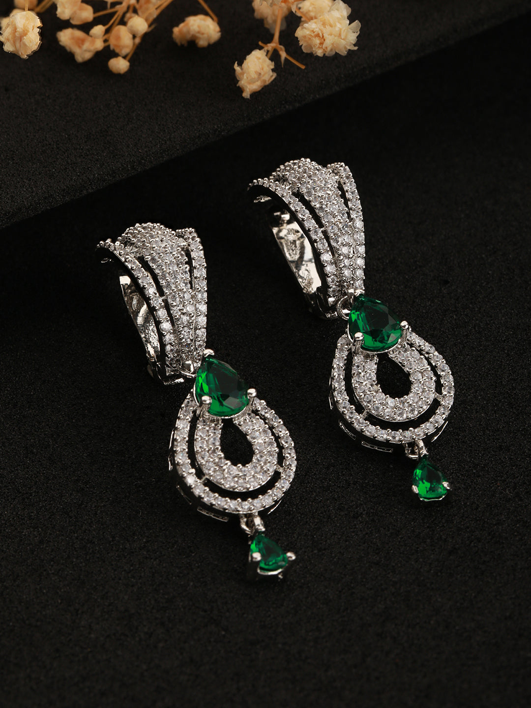 Green & White Rhodium Plated AD Studded Teardrop Earrings - Jazzandsizzle