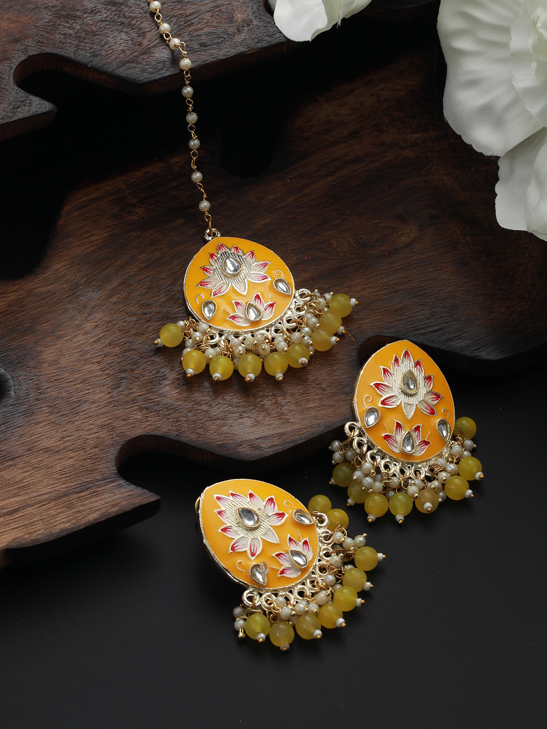 Gold-Plated Pink Meenakari Kundan-Studded & Beaded Yellow Maangtikka with Drop Earrings - Jazzandsizzle