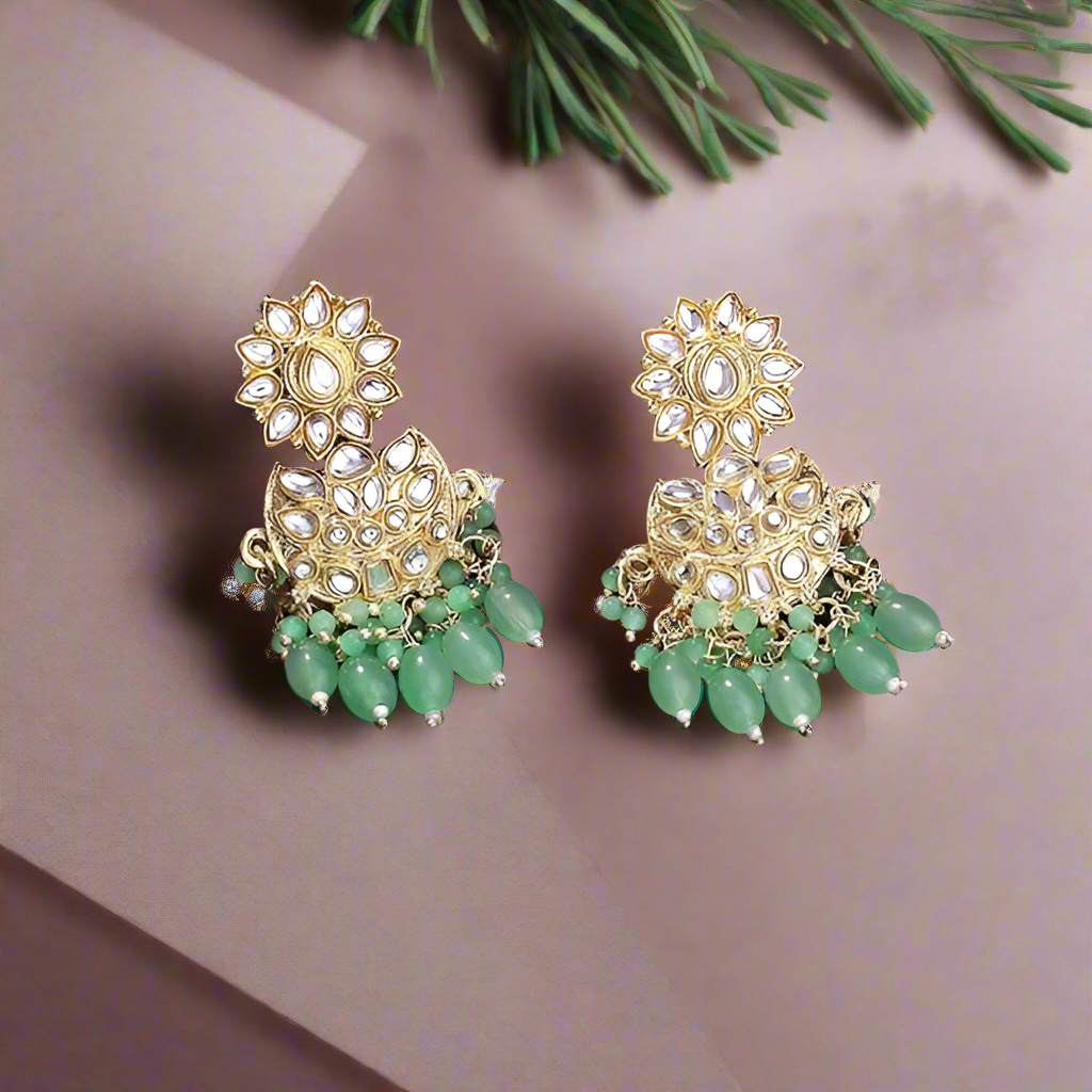 Gold Plated Kundan Studded & Mint Green Beads Drop Earrings