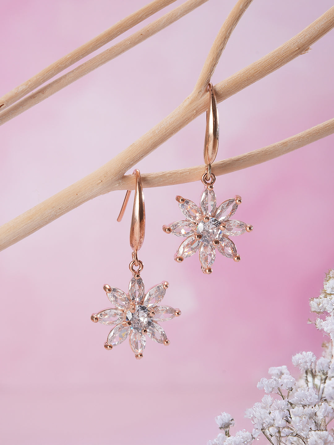 Jazz And Sizzle Rose Gold-Plated Floral Shaped Drop Earrings