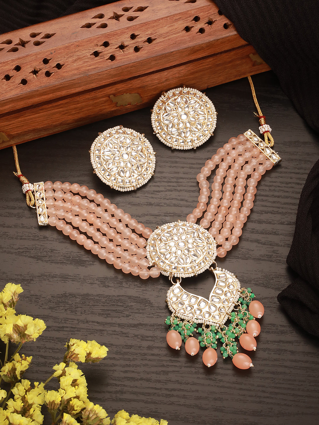 Jazz And Sizzle Gold-Plated Kundan-Studded & Beaded Necklace & Earrings Set