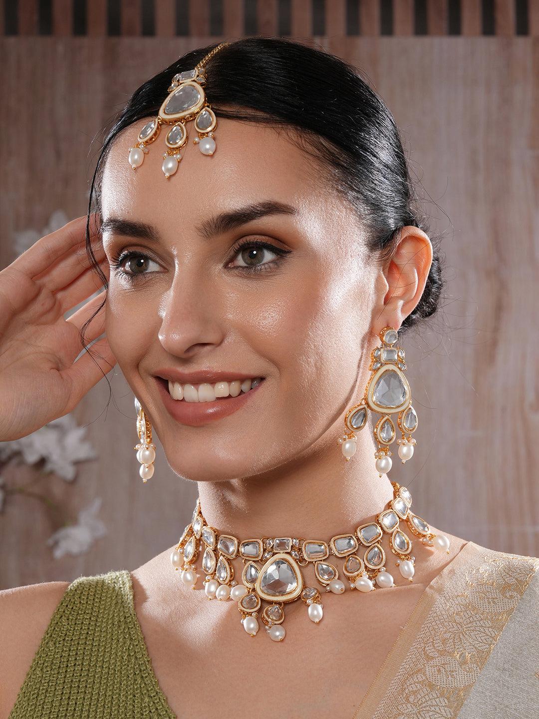 Jazz And Sizzle 22K Gold Plated  Kundan And Zircon Studded Jewellery Set With Maangtikka