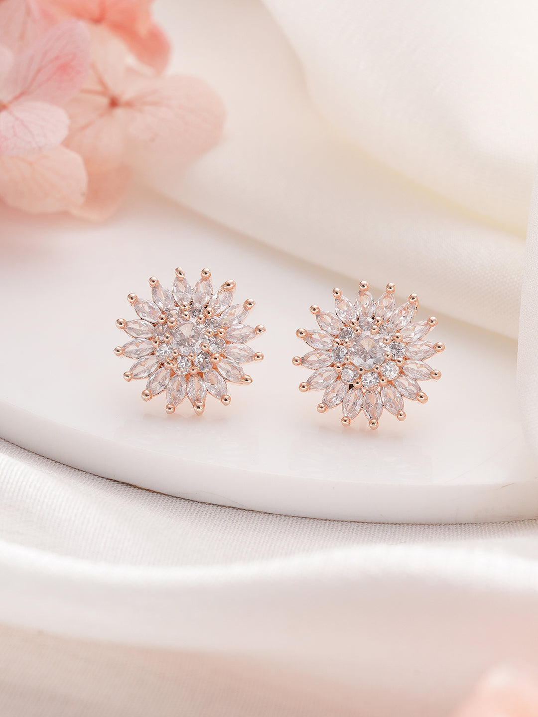 Jazz And Sizzle Rose Gold-Plated CZ-Studded Floral Studs Earrings