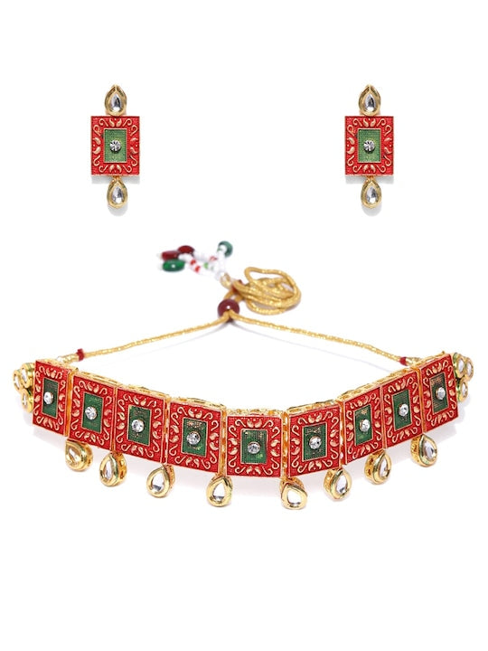 Jazz And Sizzle Gold-Plated Kundan-Studded & Beaded Meenakari Jewellery Set