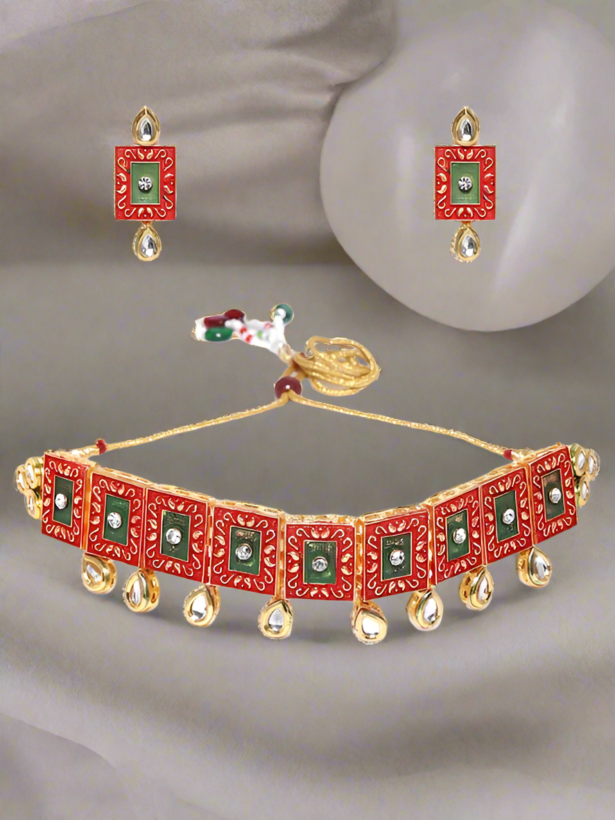 Gold-Plated Kundan-Studded & Beaded Meenakari Jewellery Set