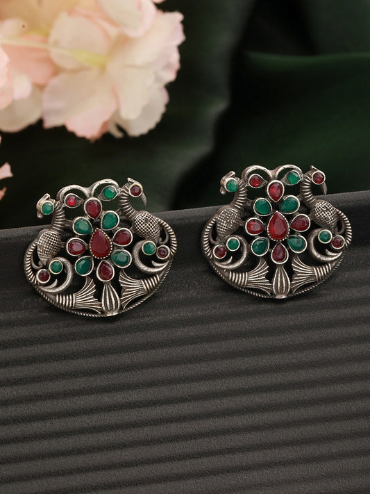 Silver Plated Green & Red Stone studded Peacock Shaped Stud Earrings - Jazzandsizzle