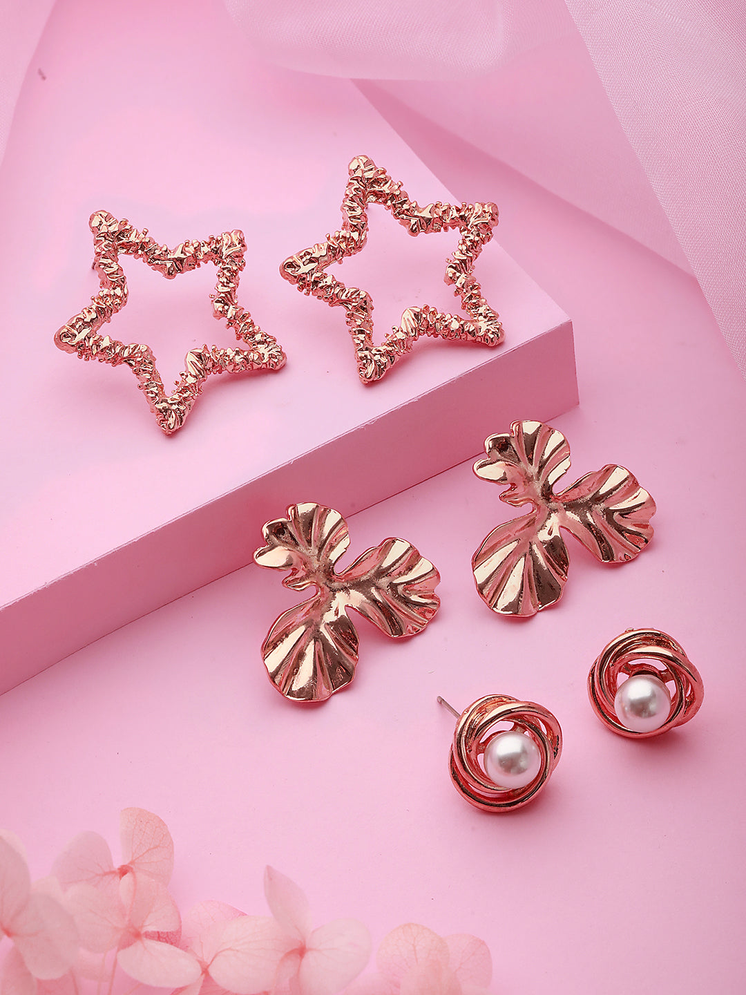 Set of 3 Rose gold Plated Star & Floral Shaped Stud Earrings - Jazzandsizzle