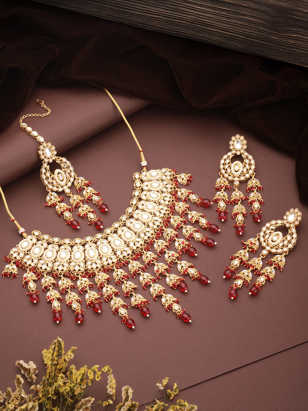 Jazz And Sizzle 18 k Gold-Plated Red & White Kundan Studded & Beaded Handcrafted Jewellery Set with Maangtikka