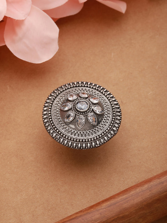 Oxidized Silver-Toned & White Stone-Studded Adjustable Finger Ring - Jazzandsizzle