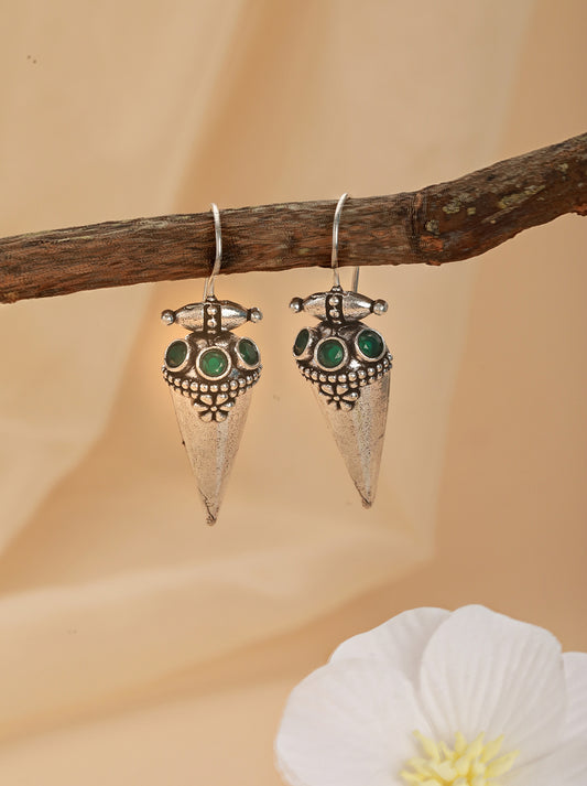 Silver Plated & green Stone studded Oxidized Classic Drop Earrings - Jazzandsizzle