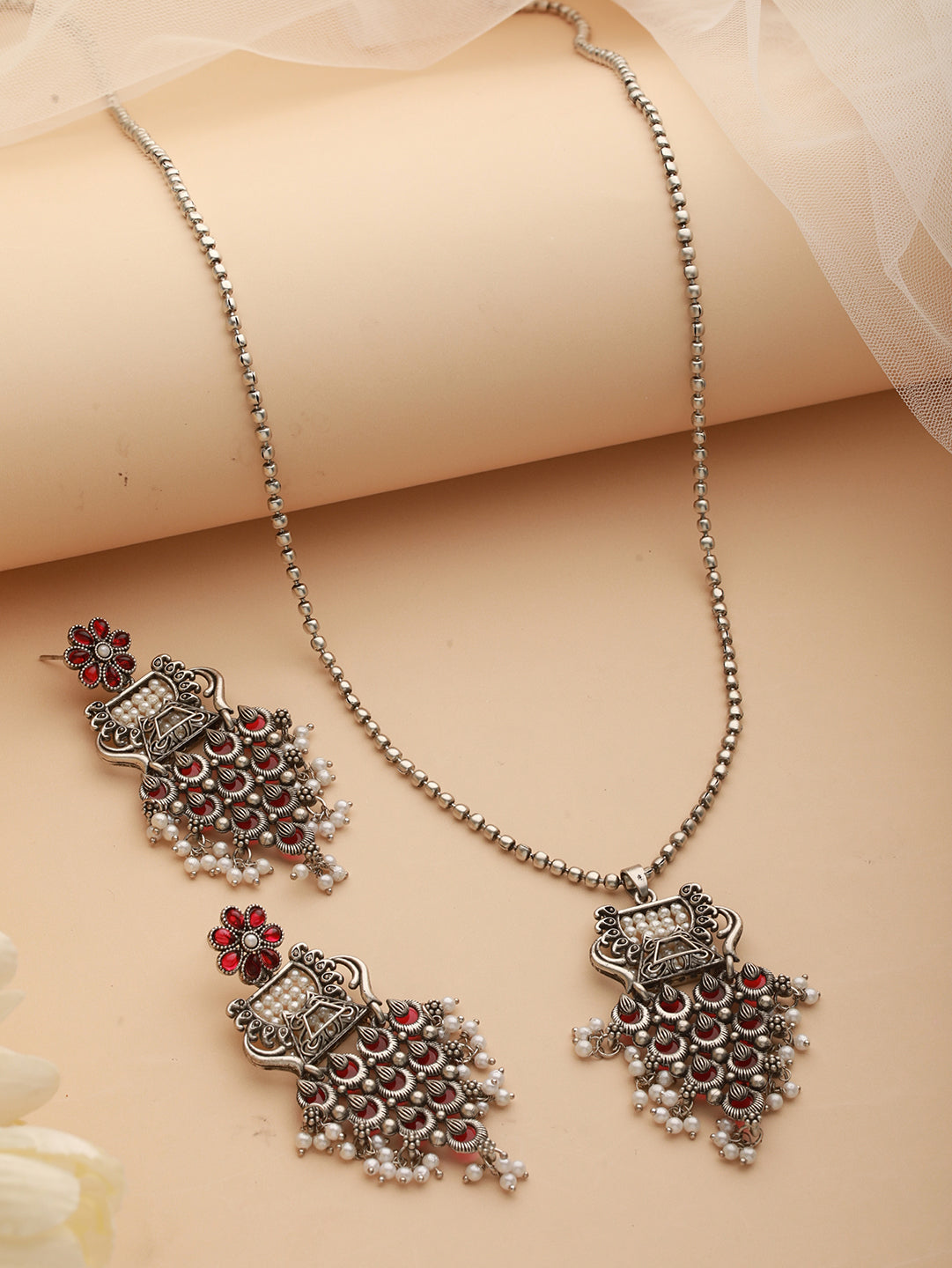 silver-plated-red-stone-studded-pearl-beaded-oxidised-jewellery-set