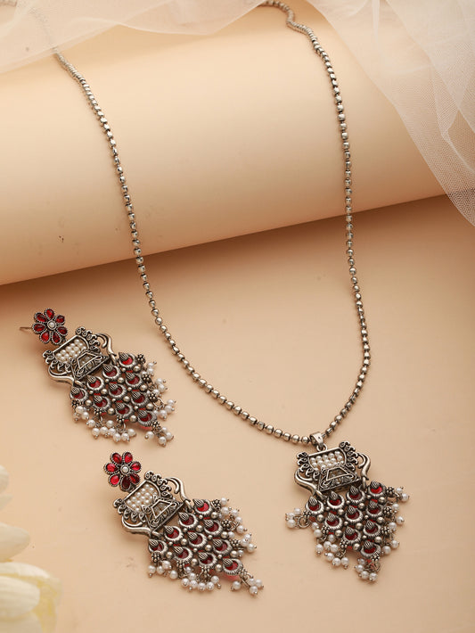 Silver-Plated Red Stone Studded & Pearl Beaded Oxidised Jewellery Set - Jazzandsizzle