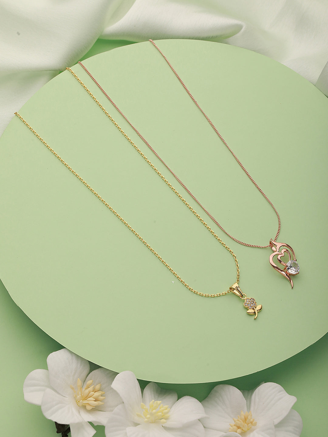 Set Of 2 Gold Plated & Rose-Gold Plated CZ-Studded Pendant With Chain - Jazzandsizzle