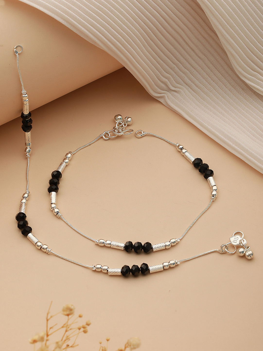 Set Of 2 Silver Plated & Black Crystal Beaded Anklets - Jazzandsizzle