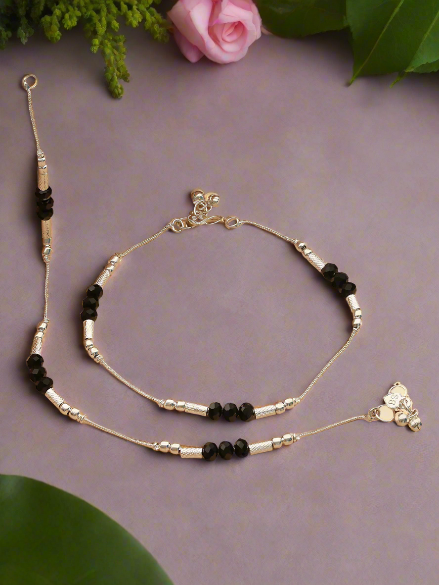 Set Of 2 Silver Plated & Black Crystal Beaded Anklets