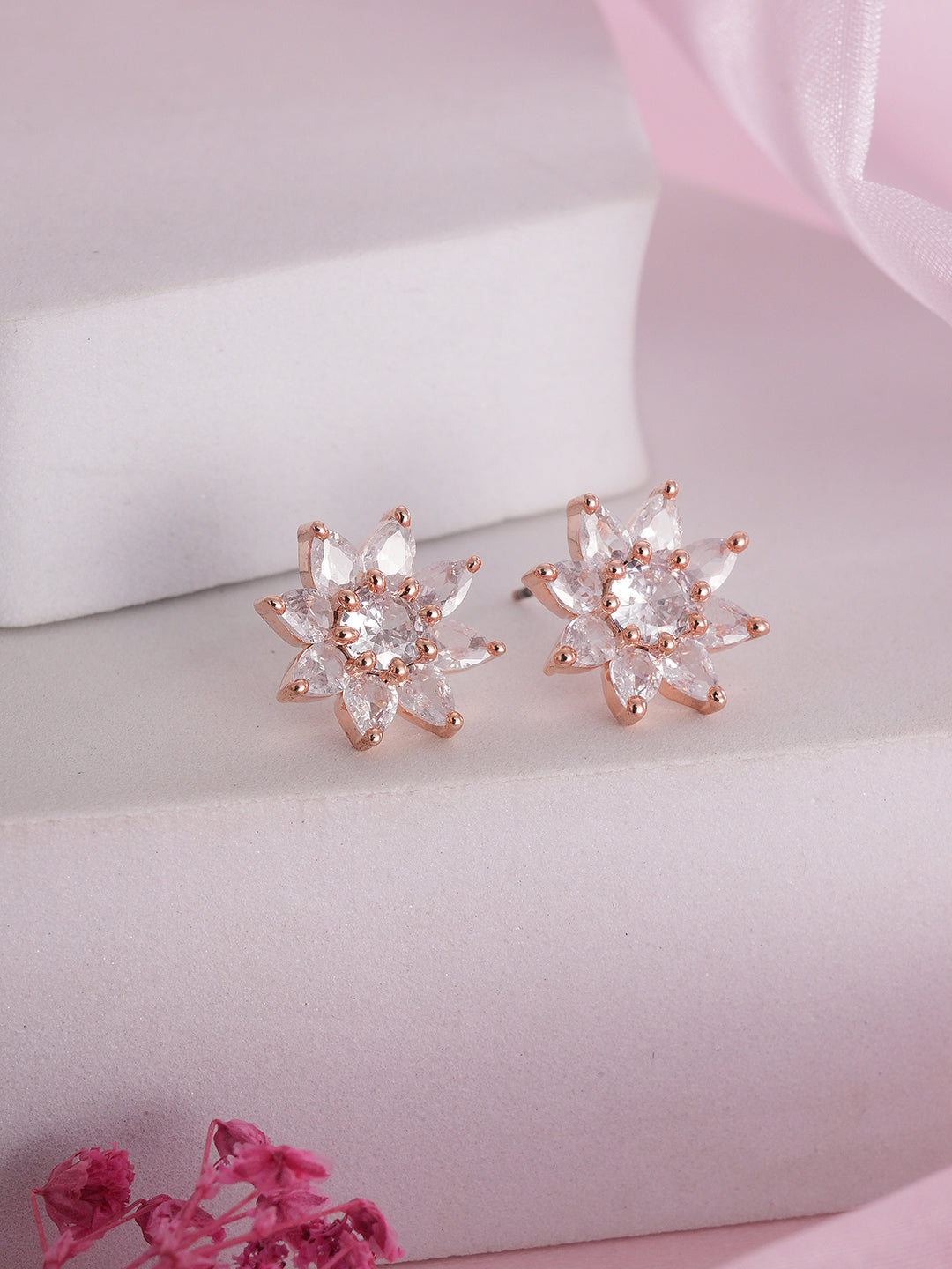 Jazz And Sizzle Rose Gold-Plated CZ-Studded Floral Studs