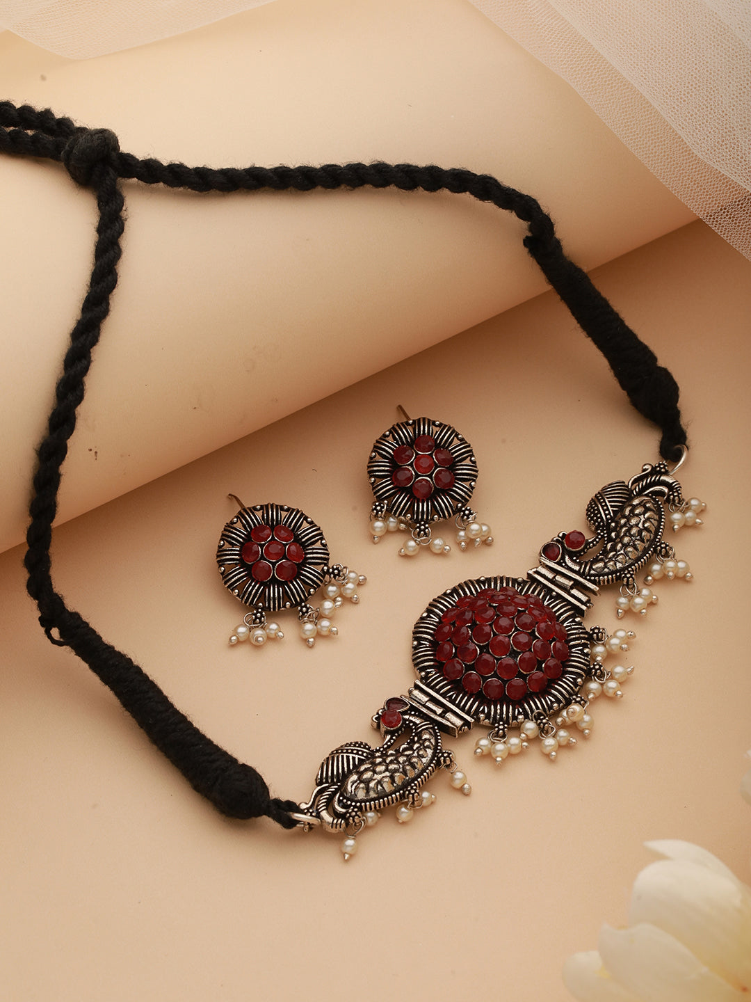 Silver Plated Red Stone Studded & Pearl Beaded Oxidised Peacock Shaped Jewellery Set - Jazzandsizzle