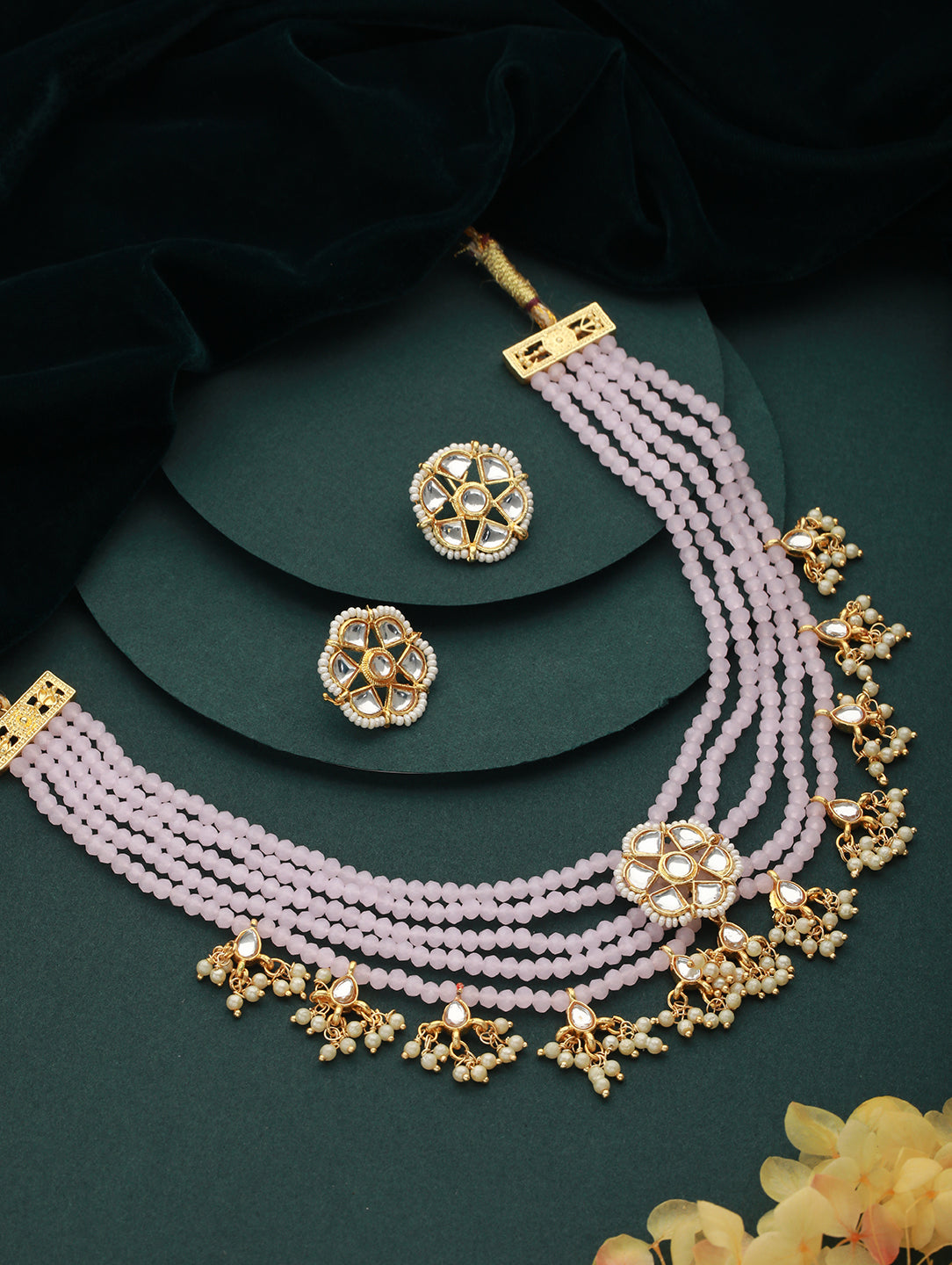 Gold-Plated Kundan-Studded & Beaded Necklace & Earrings - Jazzandsizzle