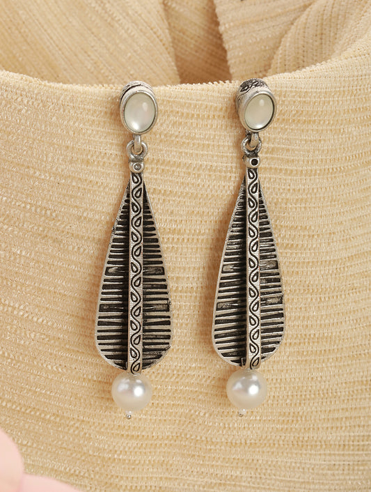 Silver Plated & Oxidised White Stone Studded Contemporary Drop Earring - Jazzandsizzle