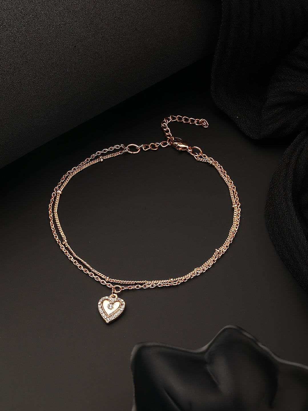 Rose Gold Plated CZ Studded Layered Heart Charm Anklet - Jazzandsizzle