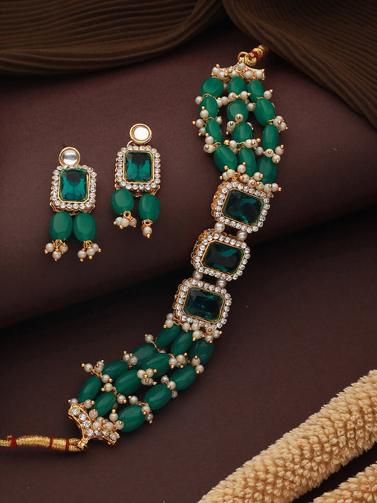 Gold-Plated Stone-Studded & Pearl Beaded Jewellery Set - Jazzandsizzle