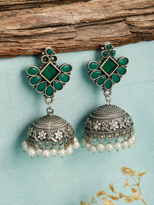 Green Stone Studded Silver & Pearl Beaded Oxidised Jhumka Earrings - Jazzandsizzle