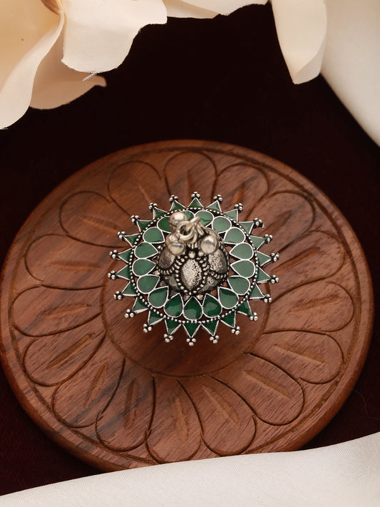 Silver-Plated Green Stone Studded& Ghungroo Finger Ring - Jazzandsizzle