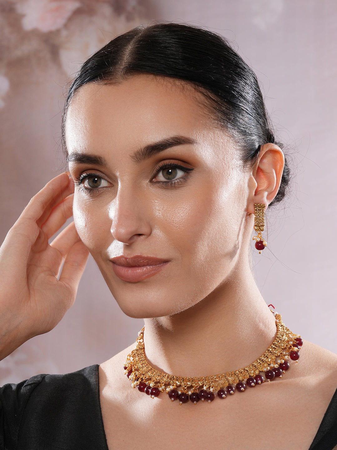 Jazz And Sizzle Gold-Plated Kundan-Studded Ruby & Green Stone Studded Necklace & Earrings Set (Copy) (Copy)