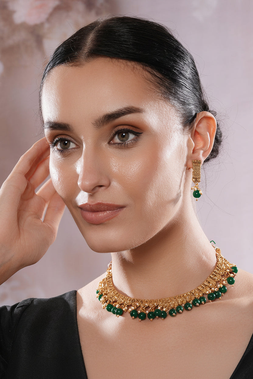 Jazz And Sizzle Gold-Plated Kundan-Studded & Green Pearls Beaded Necklace &Earrings Set