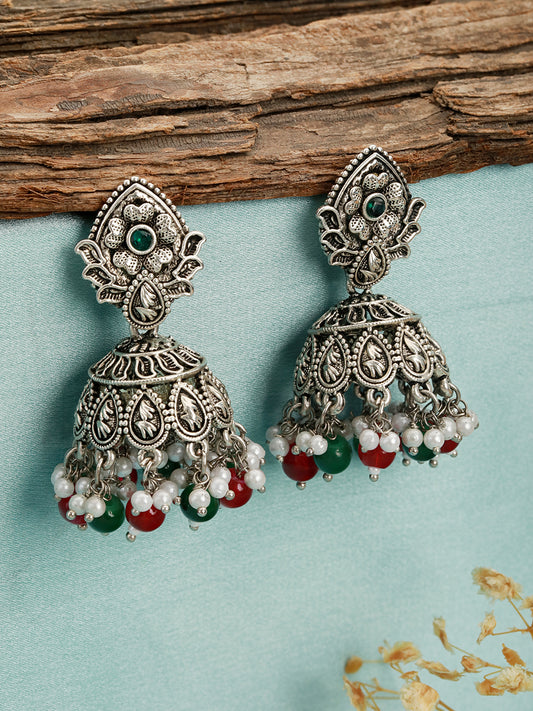 Silver-Plated Pearl-Studded Dome Shaped Jhumkas Earrings - Jazzandsizzle