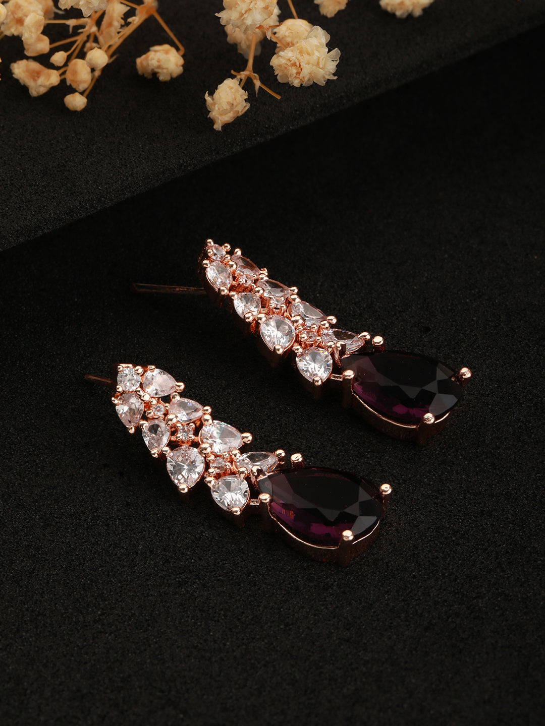 Rose Gold-Plated & Purple AD-Studded Handcrafted Teardrop Drop Earrings - Jazzandsizzle