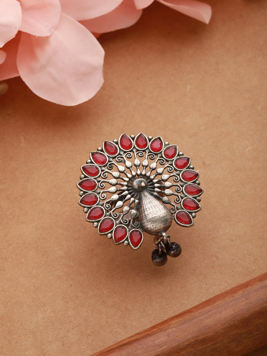 Silver-Plated Red Stone studded Peacock Motif Adjustable Finger Ring - Jazzandsizzle