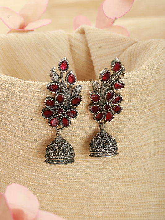 Silver Plated Red Stone Studded Leaf Shaped Oxidised Drop Earrings - Jazzandsizzle