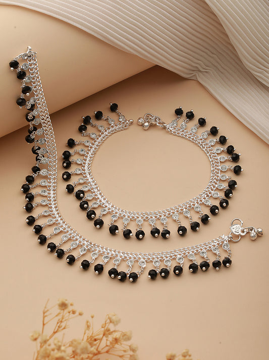 Set Of 2 Silver Plated & Black Crystal Beaded & CZ Studded Anklets - Jazzandsizzle