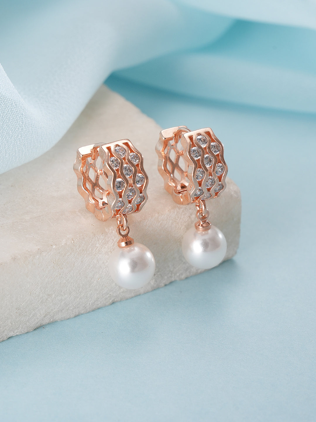 Jazz And Sizzle Rose Gold-Plated Pearl Beaded Contemporary Drop Earrings