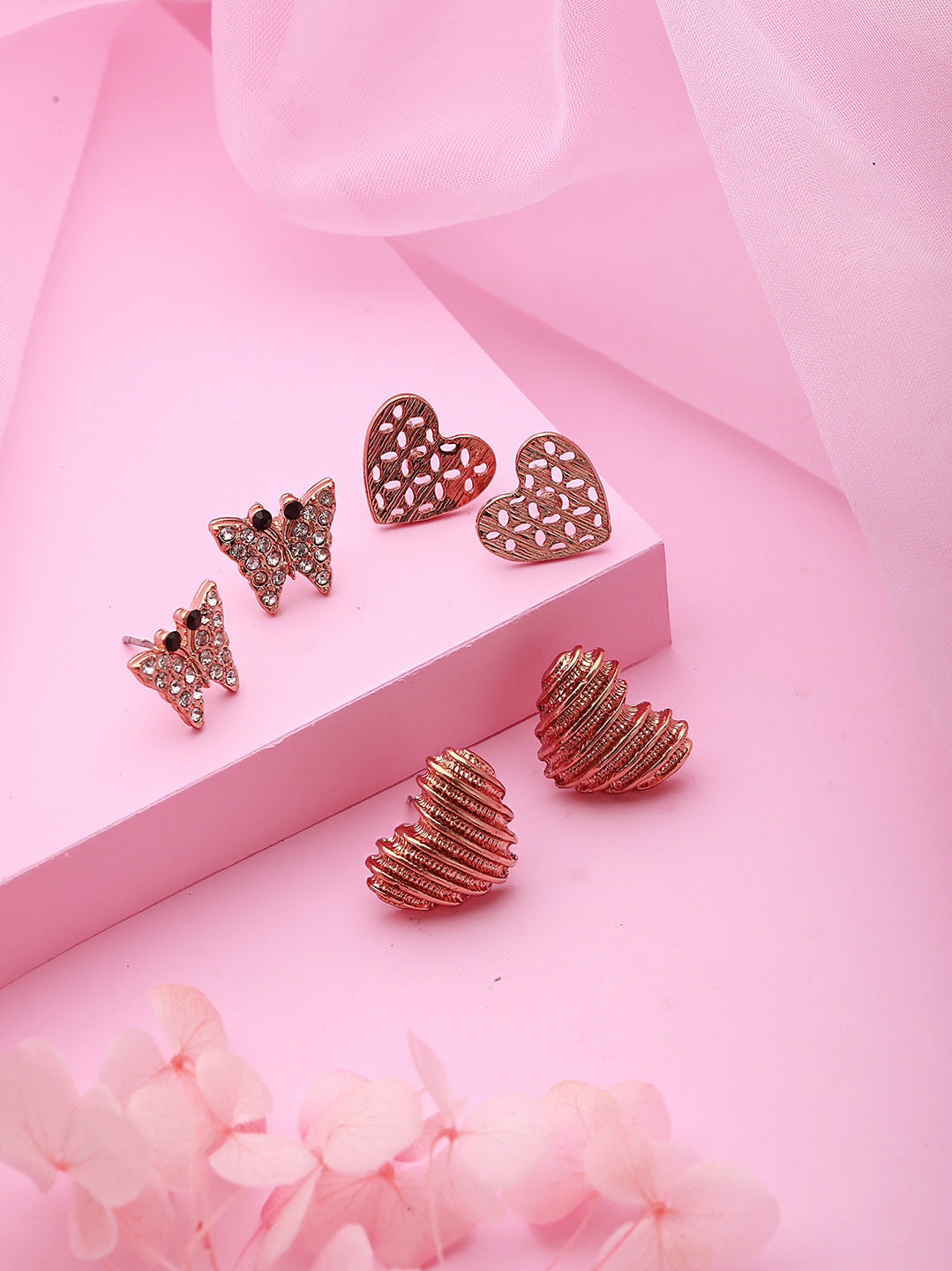 Set of 3 Rosegold-Plated Heart Shaped Stud Earrings - Jazzandsizzle