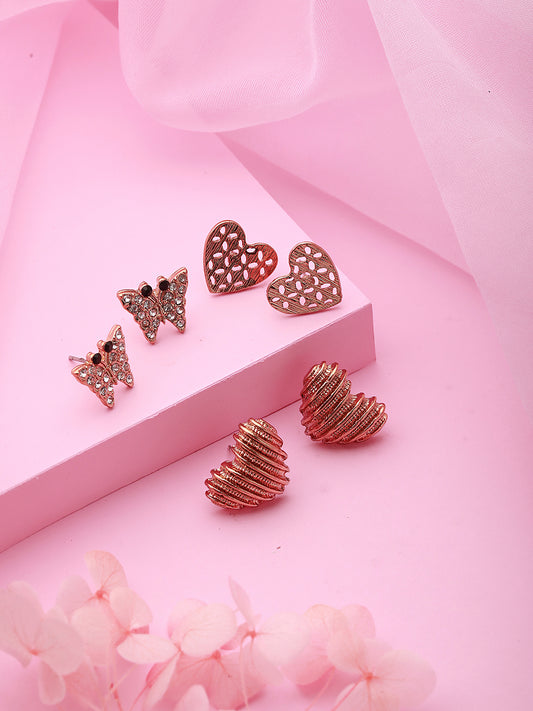 Set of 3 Rosegold-Plated Heart Shaped Stud Earrings - Jazzandsizzle