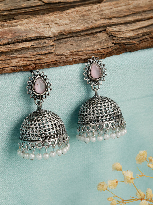 Silver Plated Pink Stone Studded & Pearl Beaded Jhumkas - Jazzandsizzle