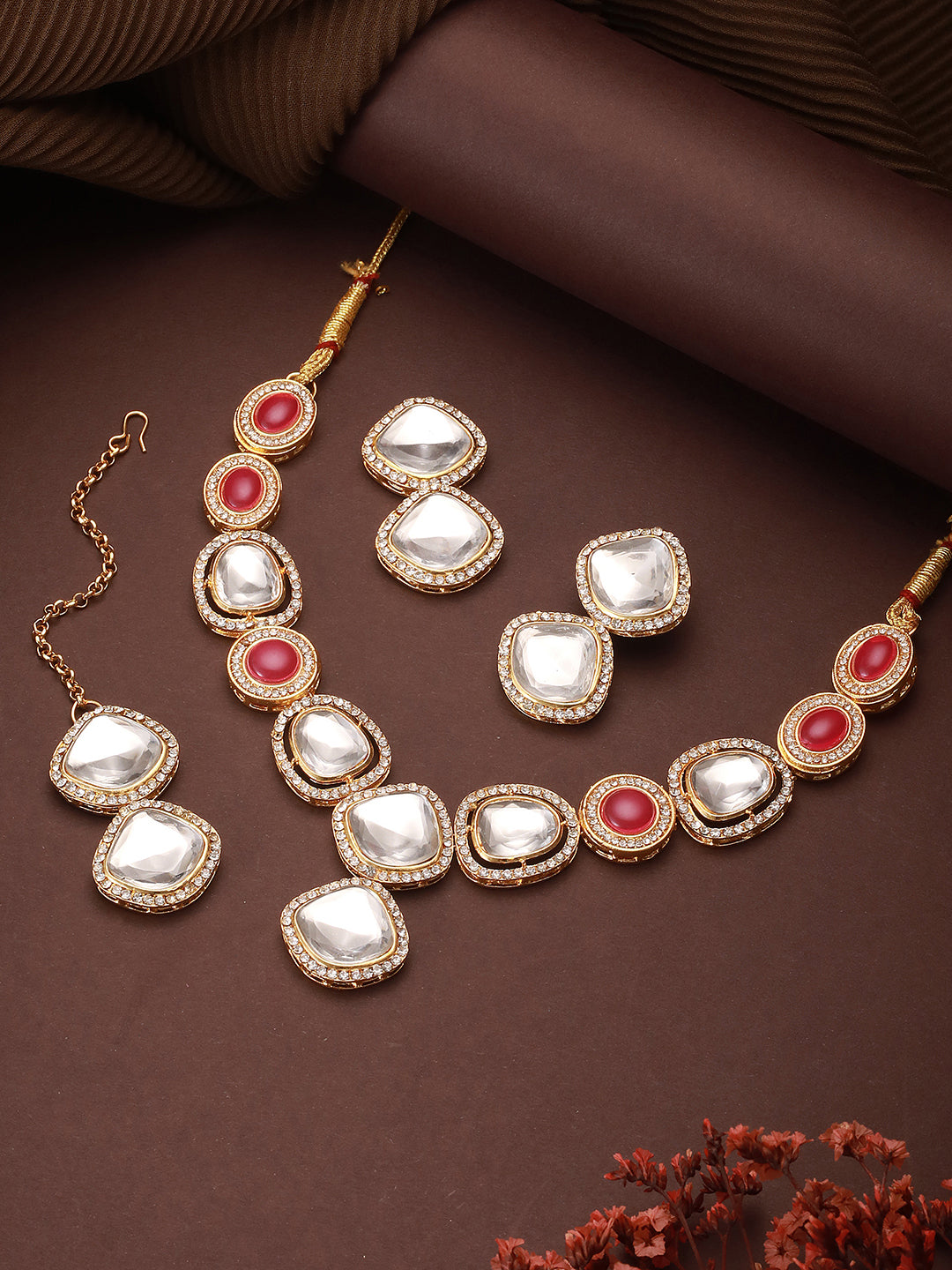 Jazz And Sizzle Gold-Plated Red & White Stone Studded Jewellery Set With Manngtikka