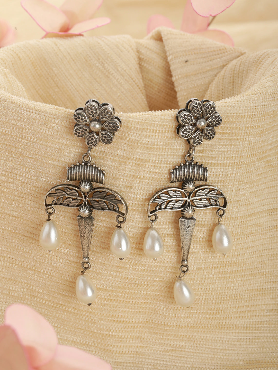 Silver Plated Floral Shaped Contemporary Pearl Drop Earrings