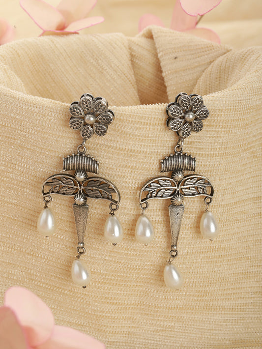 Silver Plated Floral Shaped Contemporary Pearl Drop Earrings - Jazzandsizzle