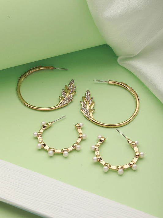 Set of 2 CZ & Pearl Studded Gold-Toned Half Hoop Earrings - Jazzandsizzle