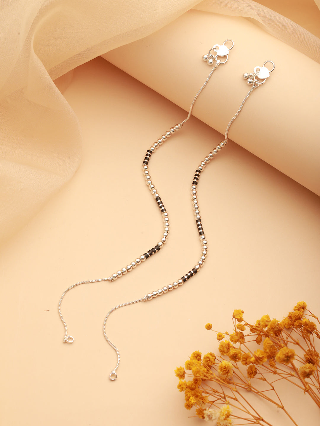 Jazz And Sizzle Set Of 2 Silver-Plated & Black Beads Beaded Anklet