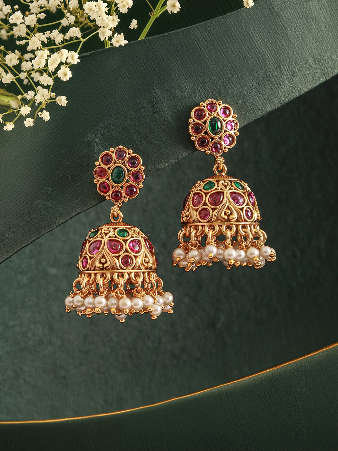 Jazz And Sizzle 24 CT Gold-Plated Ruby Stone Studded & Beaded Contemporary Dome Shaped Jhumkas Earrings