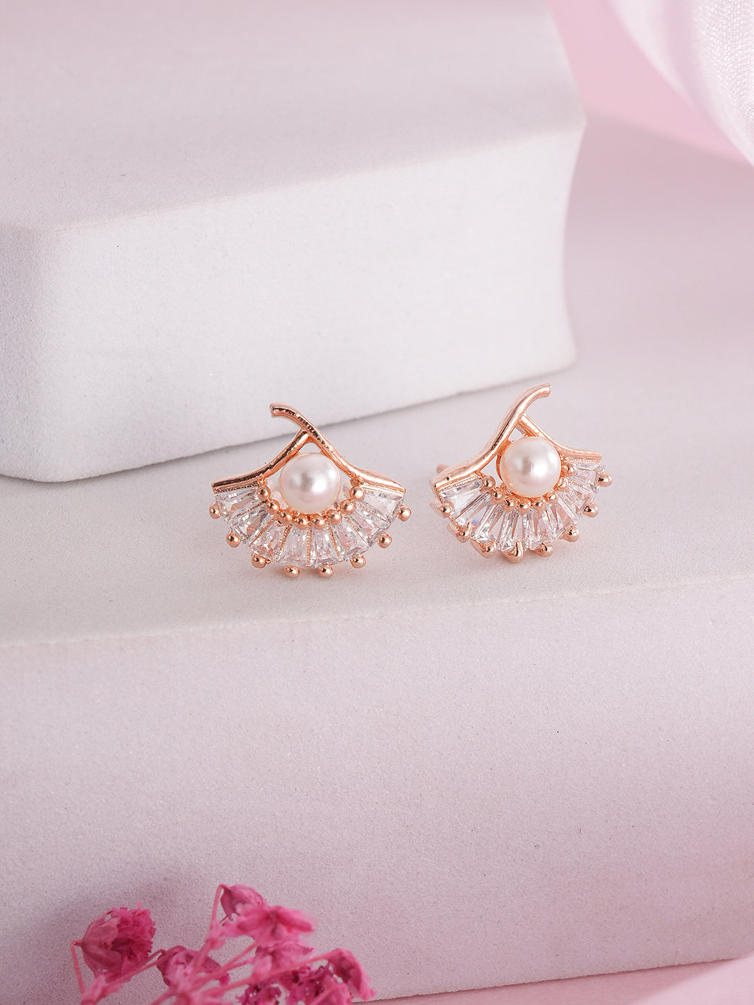 Jazz And Sizzle Rose Gold-Plated Pearl Studded Floral Stud Earrings