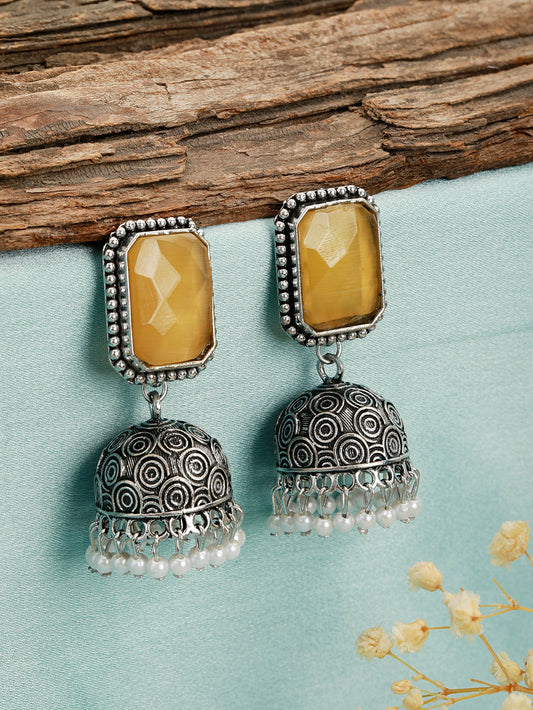 Silver Plated Yellow Stone Studded & Beaded Contemporary Jhumkas Earrings - Jazzandsizzle