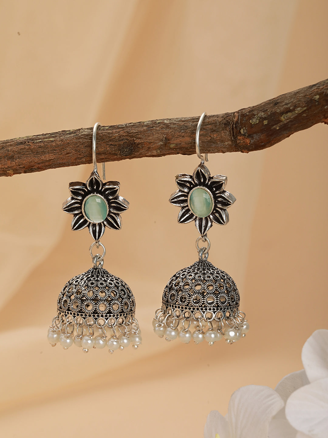 Oxidized Silver-Plated Green Stone Studded Dome Shaped Jhumkas - Jazzandsizzle