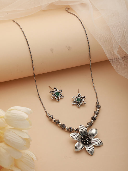 Silver-Plated Floral Shaped Oxidized Pendant & Earring Set - Jazzandsizzle