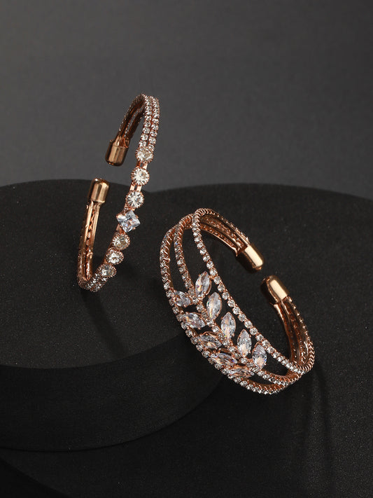 Jazz And Sizzle Set Of 2 Rose Gold-Plated White Crystal Studded Bangle Style Cuff Bracelet - Jazzandsizzle